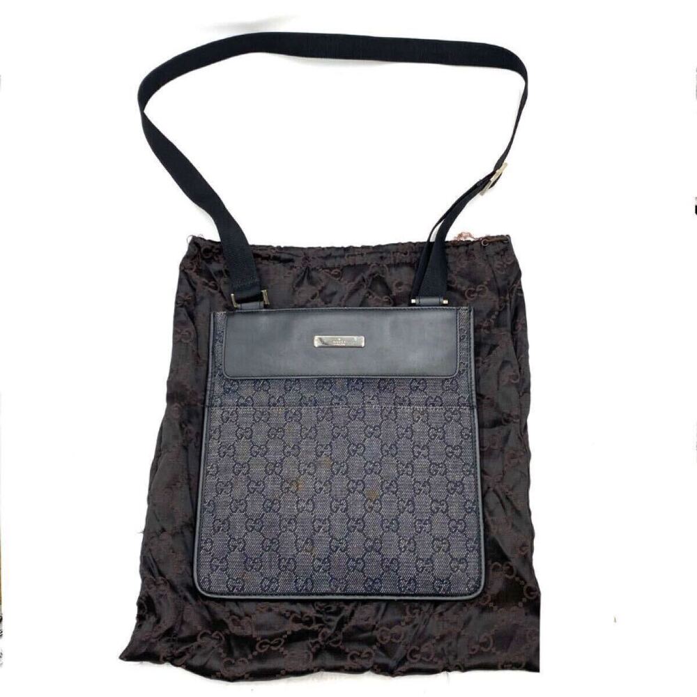 GUCCI GG Canvas Shoulder Bag Sacoche Crossbody Black Leather